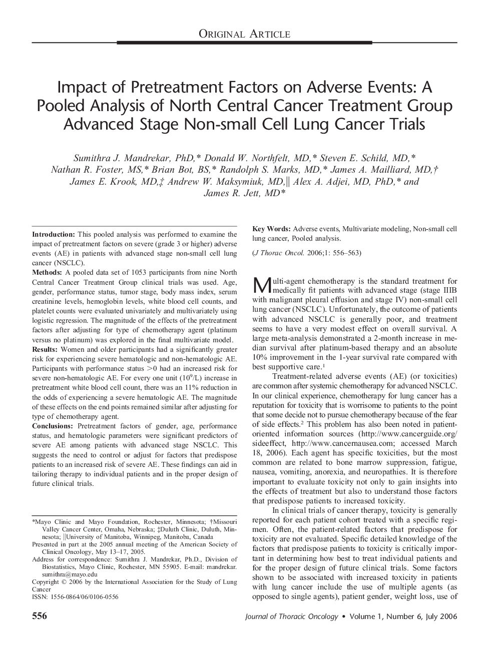 Impact of Pretreatment Factors on Adverse Events: A Pooled Analysis of North Central Cancer Treatment Group Advanced Stage Non-small Cell Lung Cancer Trials 