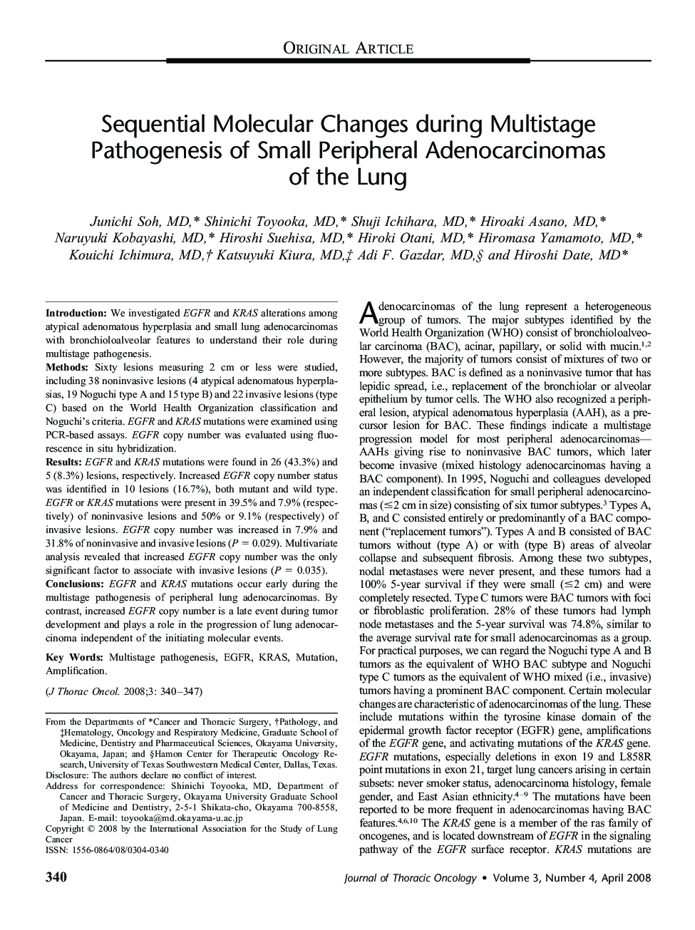 Sequential Molecular Changes during Multistage Pathogenesis of Small Peripheral Adenocarcinomas of the Lung 