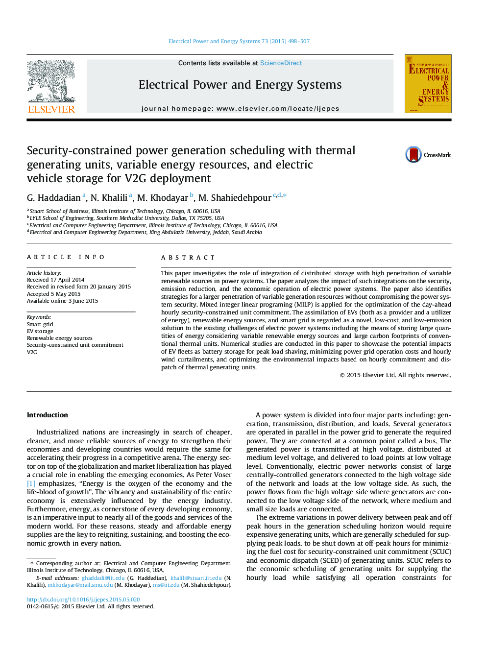 Security-constrained power generation scheduling with thermal generating units, variable energy resources, and electric vehicle storage for V2G deployment