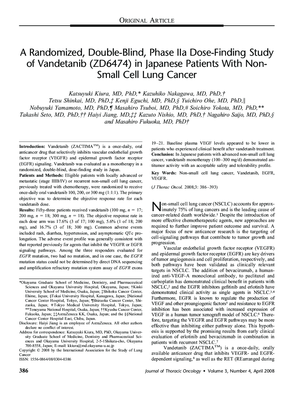 A Randomized, Double-Blind, Phase IIa Dose-Finding Study of Vandetanib (ZD6474) in Japanese Patients With Non-Small Cell Lung Cancer 