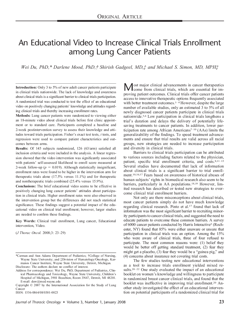 An Educational Video to Increase Clinical Trials Enrollment among Lung Cancer Patients 