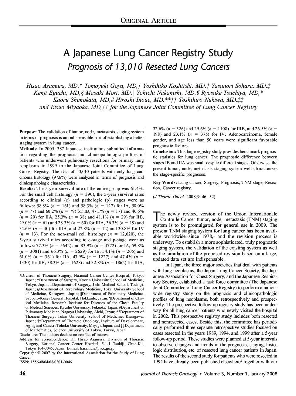 A Japanese Lung Cancer Registry Study: Prognosis of 13,010 Resected Lung Cancers 