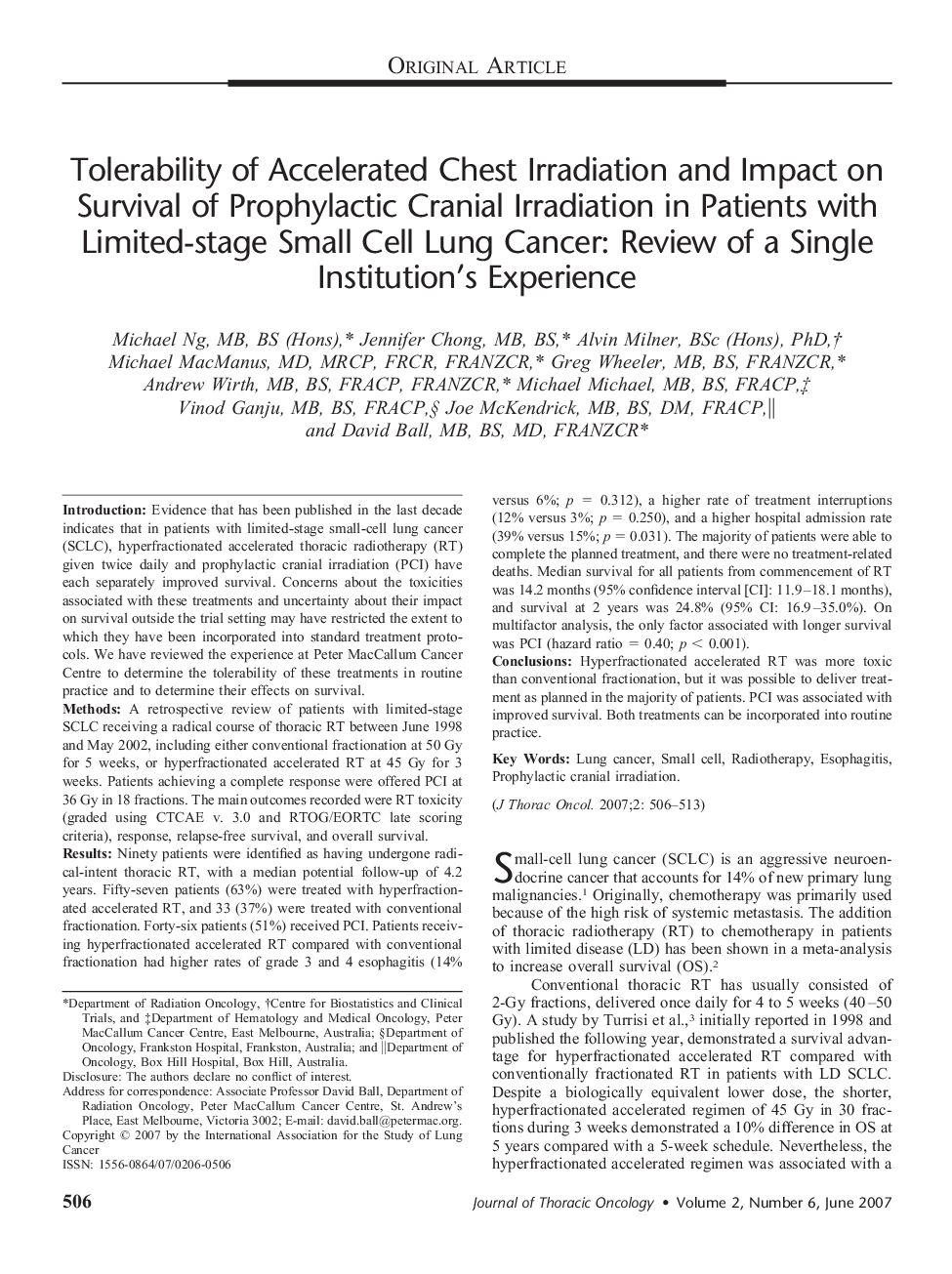 Tolerability of Accelerated Chest Irradiation and Impact on Survival of Prophylactic Cranial Irradiation in Patients with Limited-stage Small Cell Lung Cancer: Review of a Single Institution's Experience 