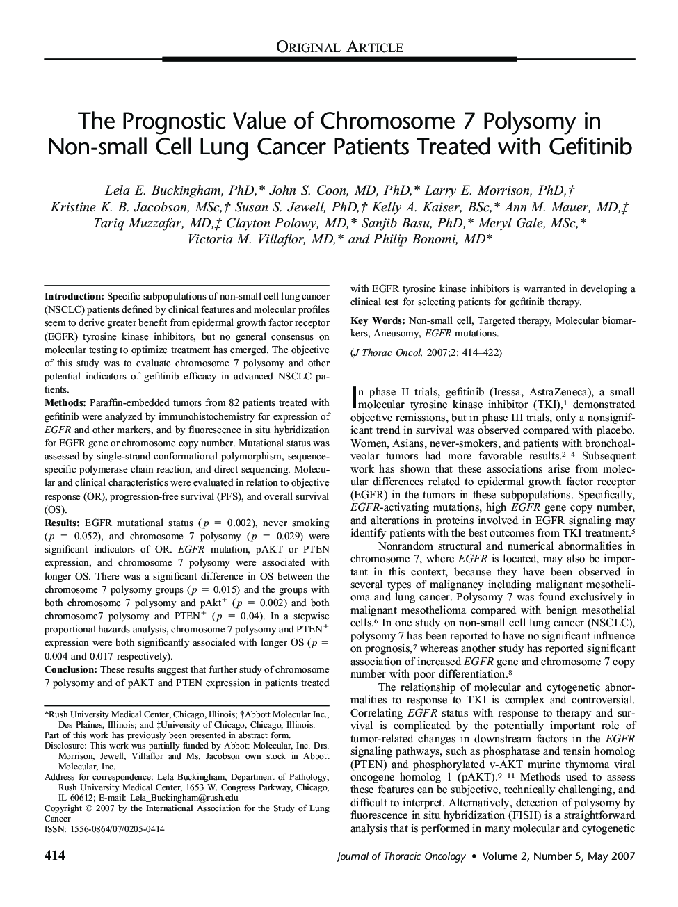 The Prognostic Value of Chromosome 7 Polysomy in Non-small Cell Lung Cancer Patients Treated with Gefitinib 