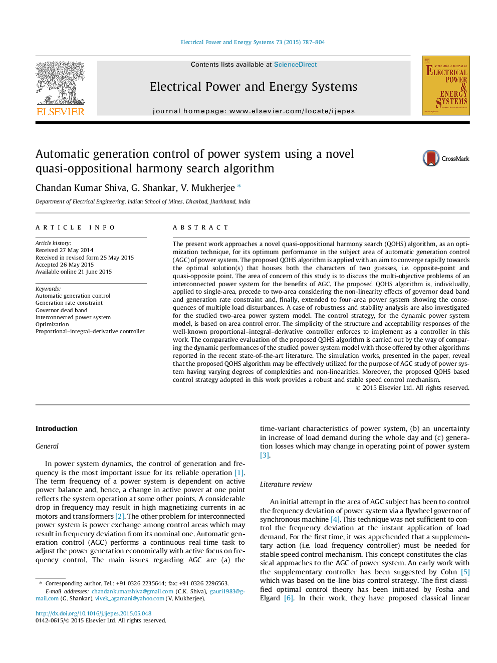 Automatic generation control of power system using a novel quasi-oppositional harmony search algorithm