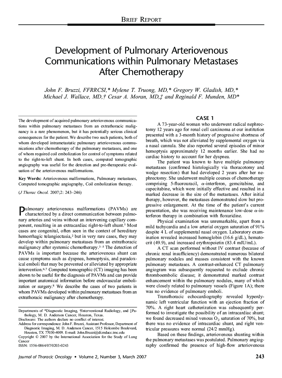 Development of Pulmonary Arteriovenous Communications within Pulmonary Metastases After Chemotherapy 