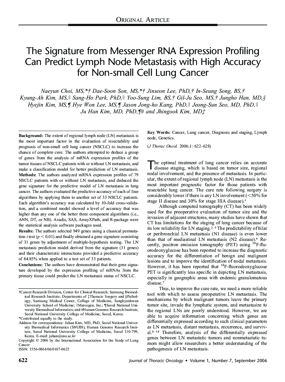 The Signature from Messenger RNA Expression Profiling Can Predict Lymph Node Metastasis with High Accuracy for Non-small Cell Lung Cancer