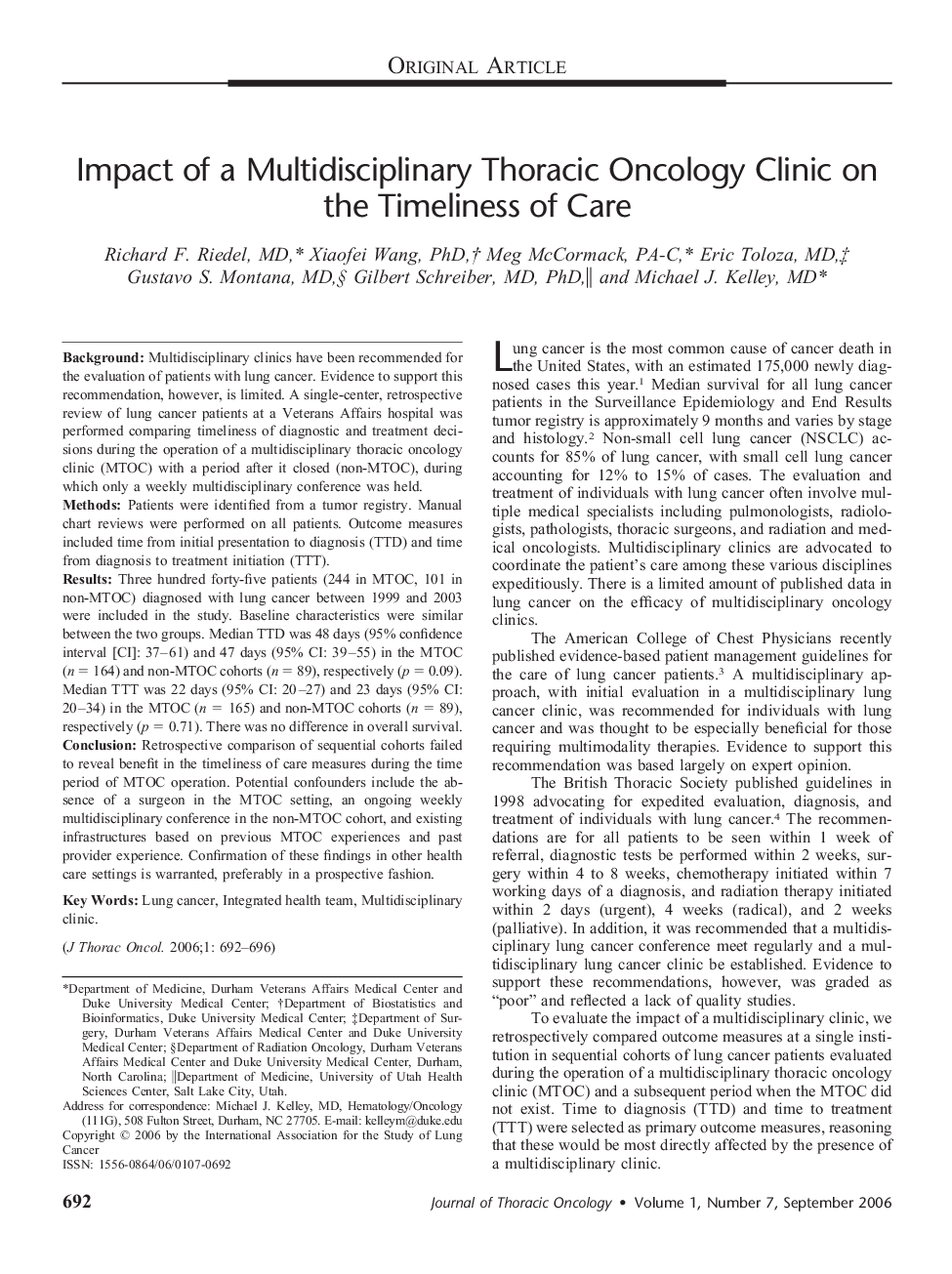 Impact of a Multidisciplinary Thoracic Oncology Clinic on the Timeliness of Care