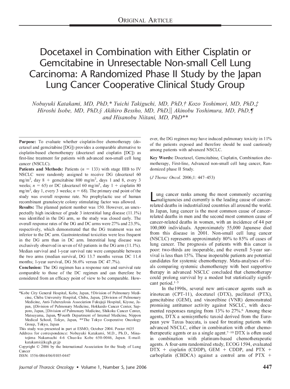 Docetaxel in Combination with Either Cisplatin or Gemcitabine in Unresectable Non-small Cell Lung Carcinoma: A Randomized Phase II Study by the Japan Lung Cancer Cooperative Clinical Study Group 