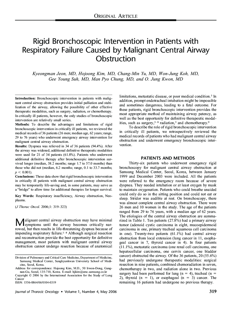 Rigid Bronchoscopic Intervention in Patients with Respiratory Failure Caused by Malignant Central Airway Obstruction