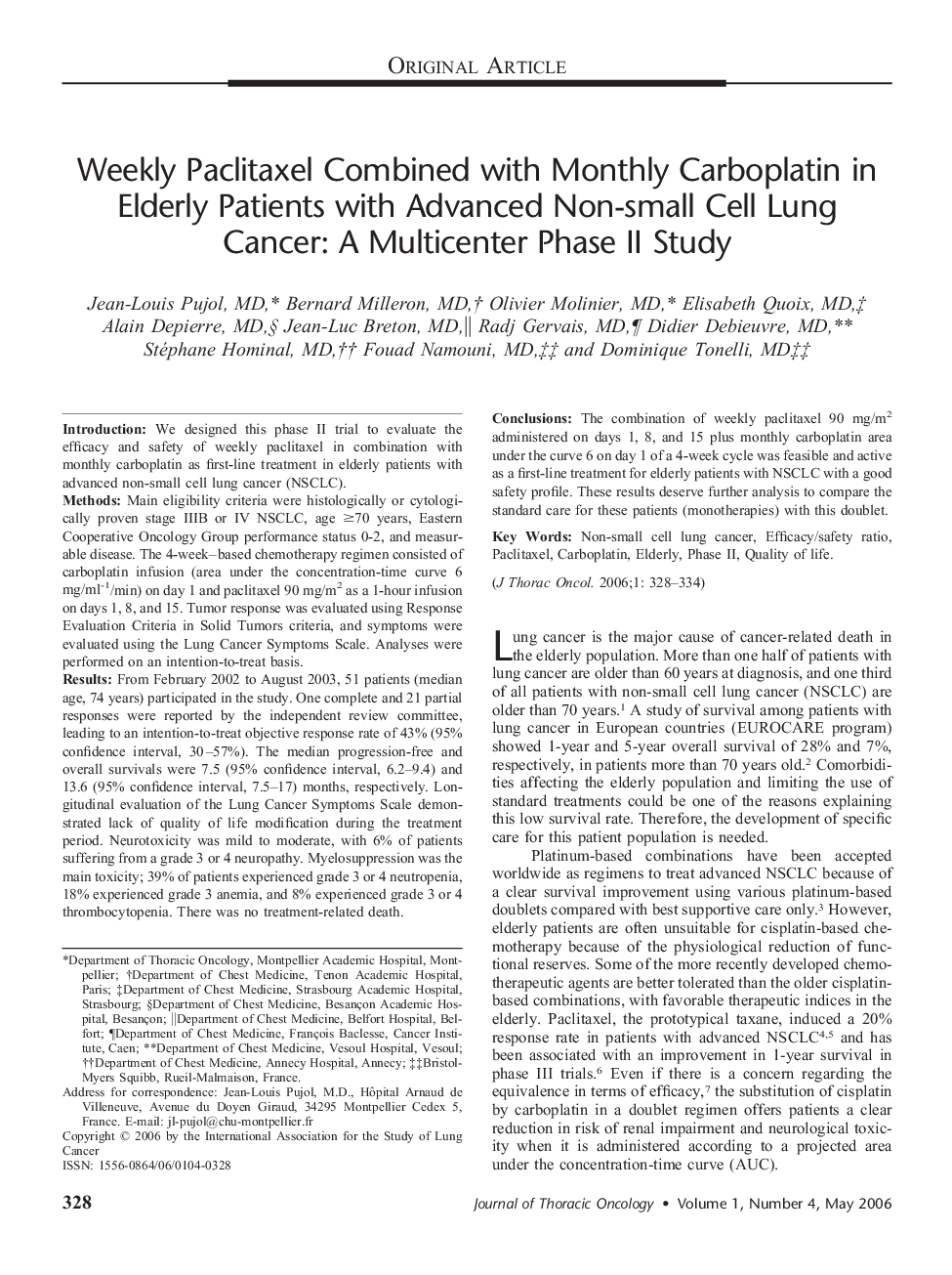 Weekly Paclitaxel Combined with Monthly Carboplatin in Elderly Patients with Advanced Non-small Cell Lung Cancer: A Multicenter Phase II Study