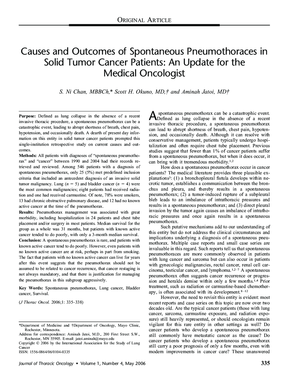 Causes and Outcomes of Spontaneous Pneumothoraces in Solid Tumor Cancer Patients: An Update for the Medical Oncologist