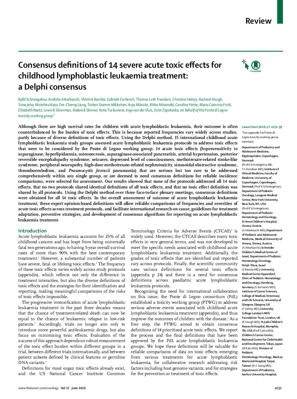 Consensus definitions of 14 severe acute toxic effects for childhood lymphoblastic leukaemia treatment: a Delphi consensus