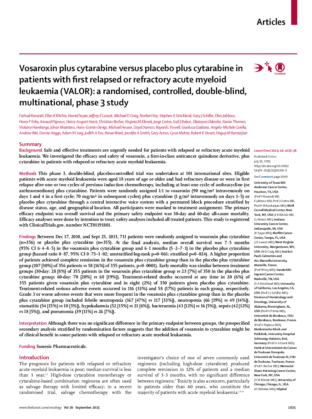 Vosaroxin plus cytarabine versus placebo plus cytarabine in patients with first relapsed or refractory acute myeloid leukaemia (VALOR): a randomised, controlled, double-blind, multinational, phase 3 study
