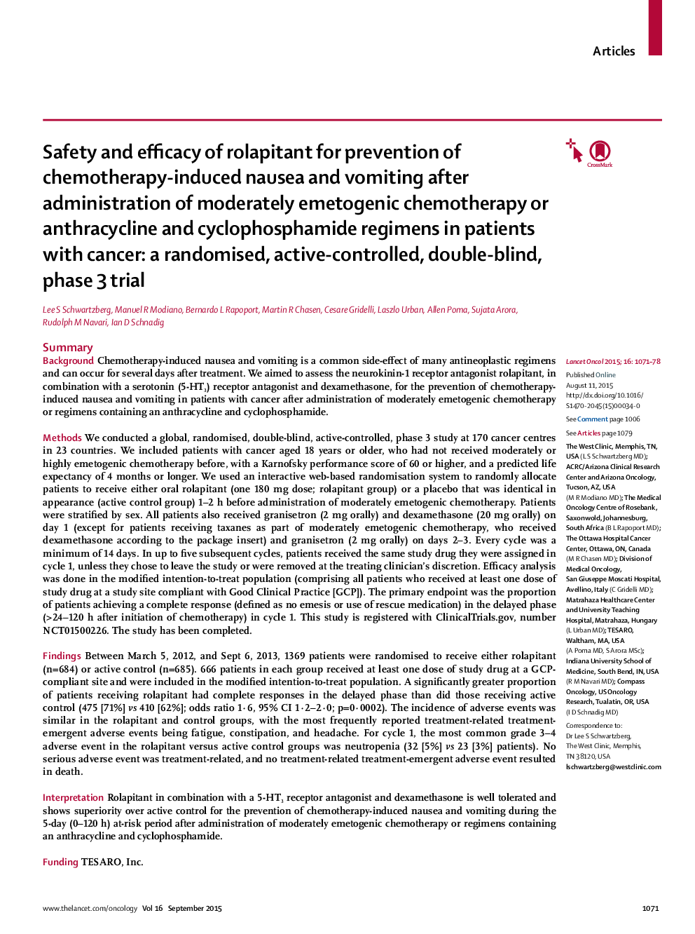 Safety and efficacy of rolapitant for prevention of chemotherapy-induced nausea and vomiting after administration of moderately emetogenic chemotherapy or anthracycline and cyclophosphamide regimens in patients with cancer: a randomised, active-controlled