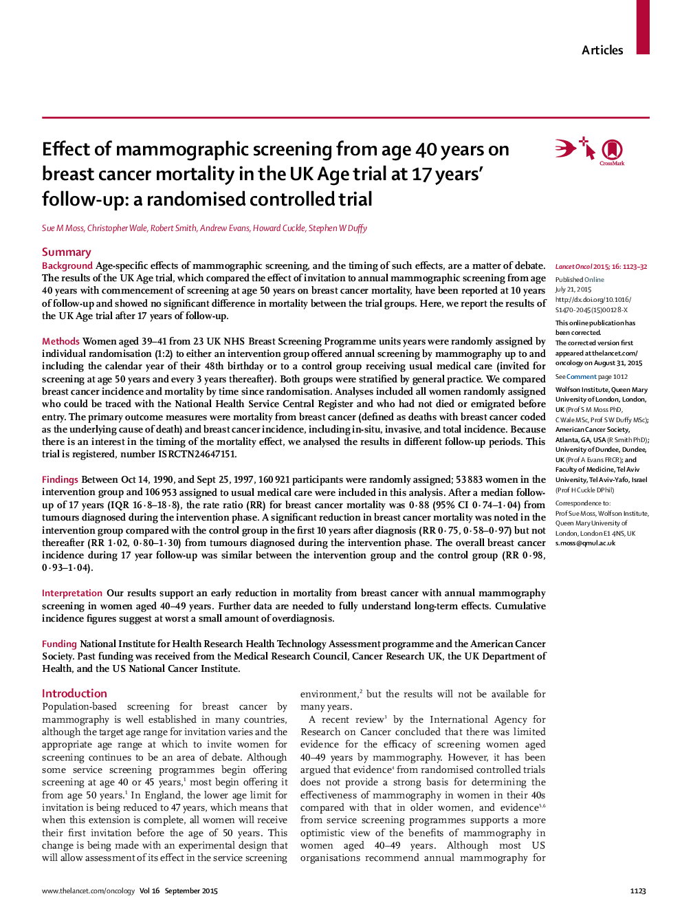 Effect of mammographic screening from age 40 years on breast cancer mortality in the UK Age trial at 17 years' follow-up: a randomised controlled trial