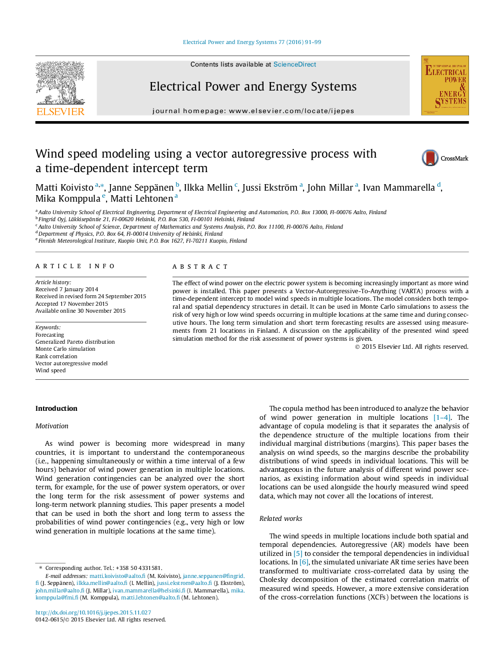 Wind speed modeling using a vector autoregressive process with a time-dependent intercept term