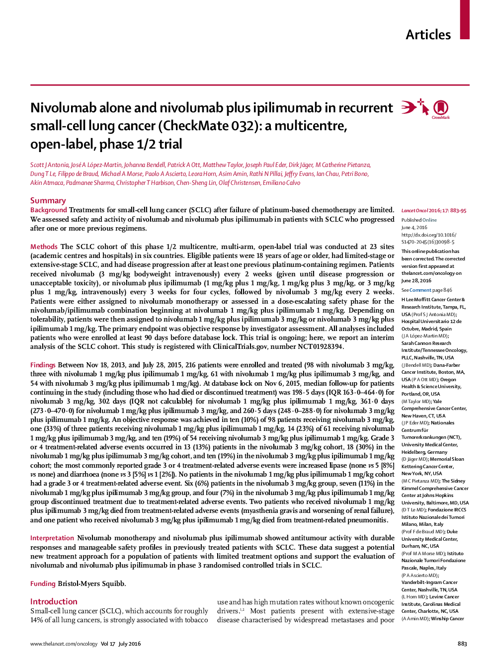 Nivolumab alone and nivolumab plus ipilimumab in recurrent small-cell lung cancer (CheckMate 032): a multicentre, open-label, phase 1/2 trial