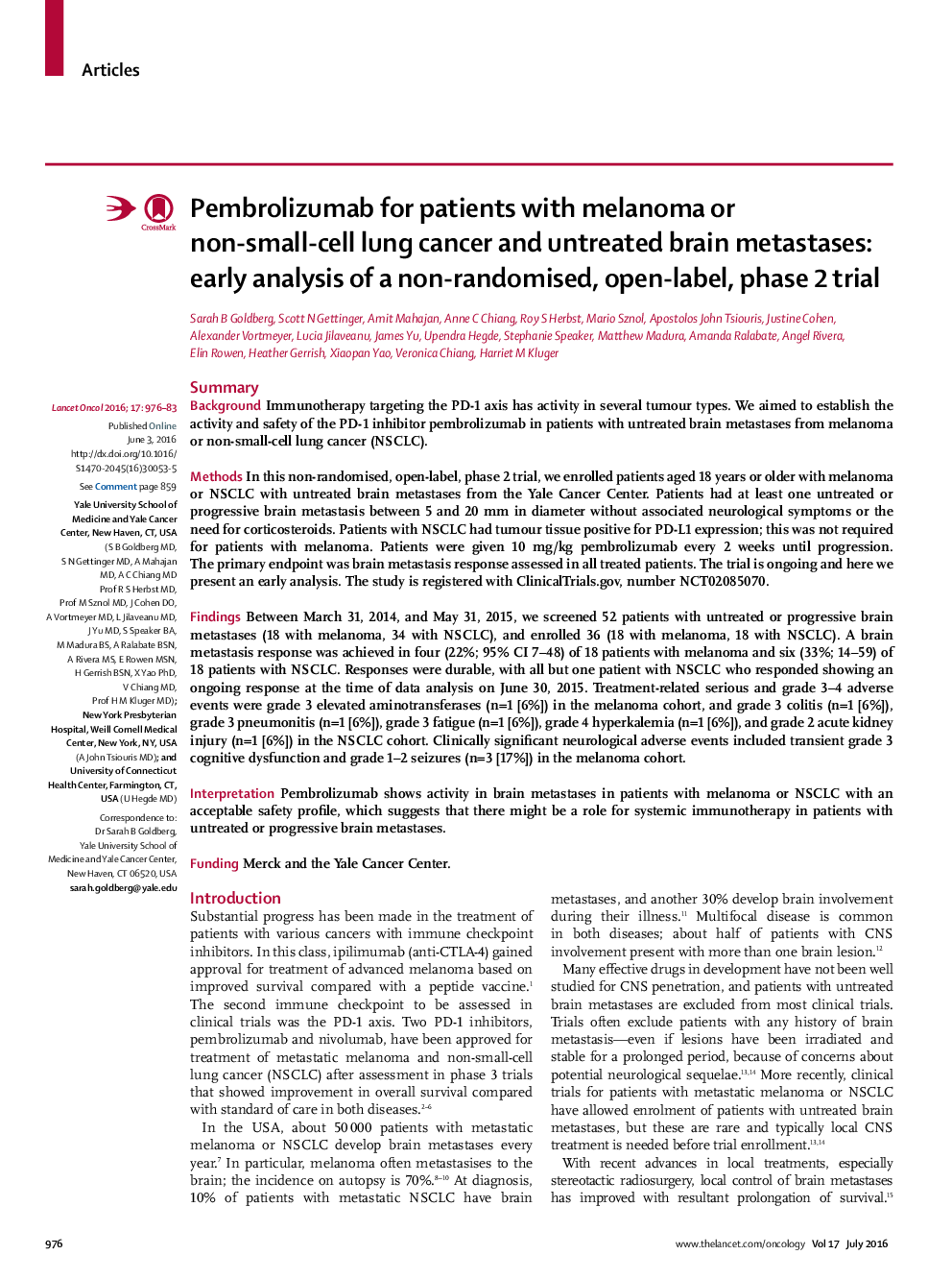 Pembrolizumab for patients with melanoma or non-small-cell lung cancer and untreated brain metastases: early analysis of a non-randomised, open-label, phase 2 trial