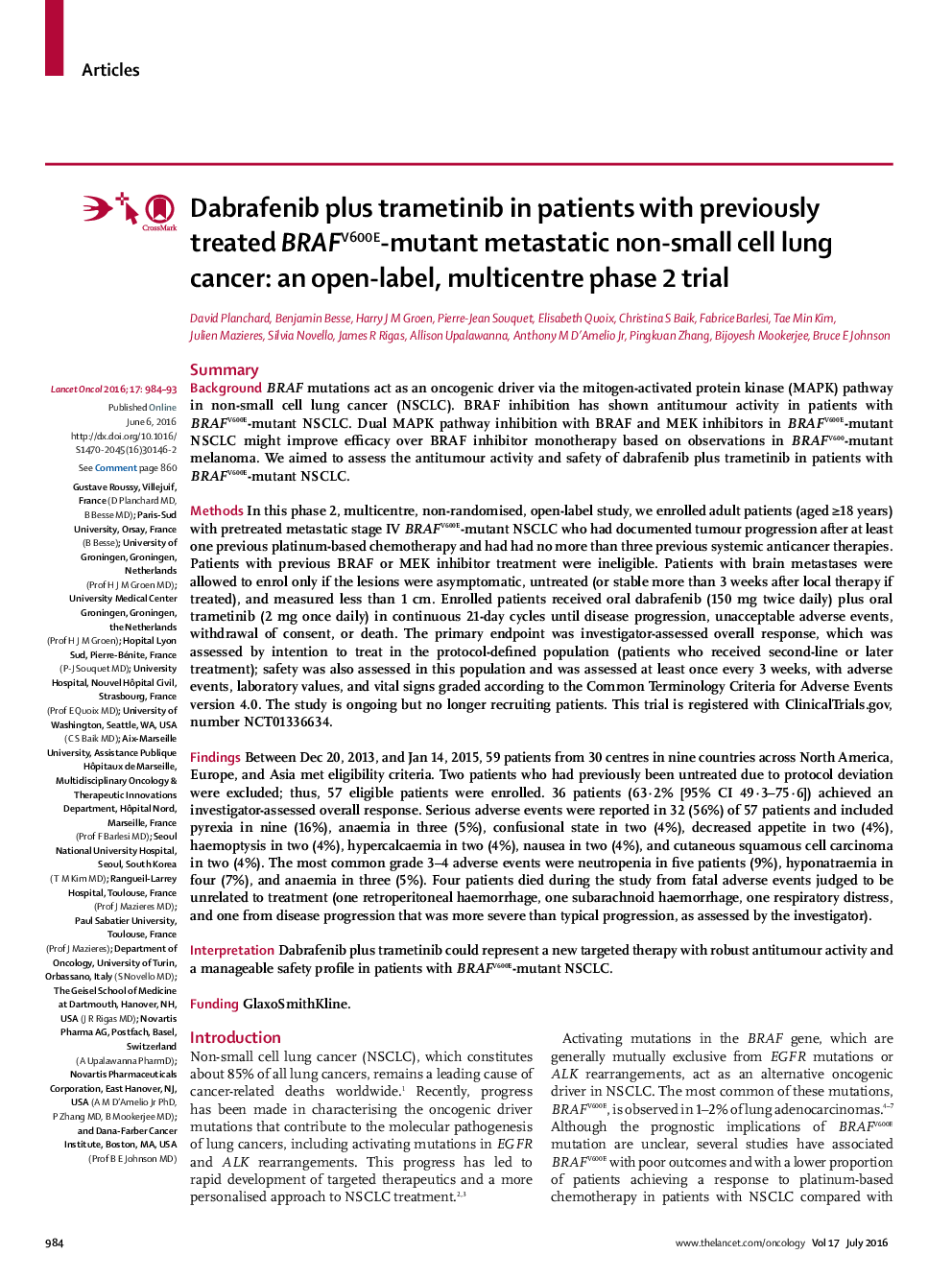 Dabrafenib plus trametinib in patients with previously treated BRAFV600E-mutant metastatic non-small cell lung cancer: an open-label, multicentre phase 2 trial