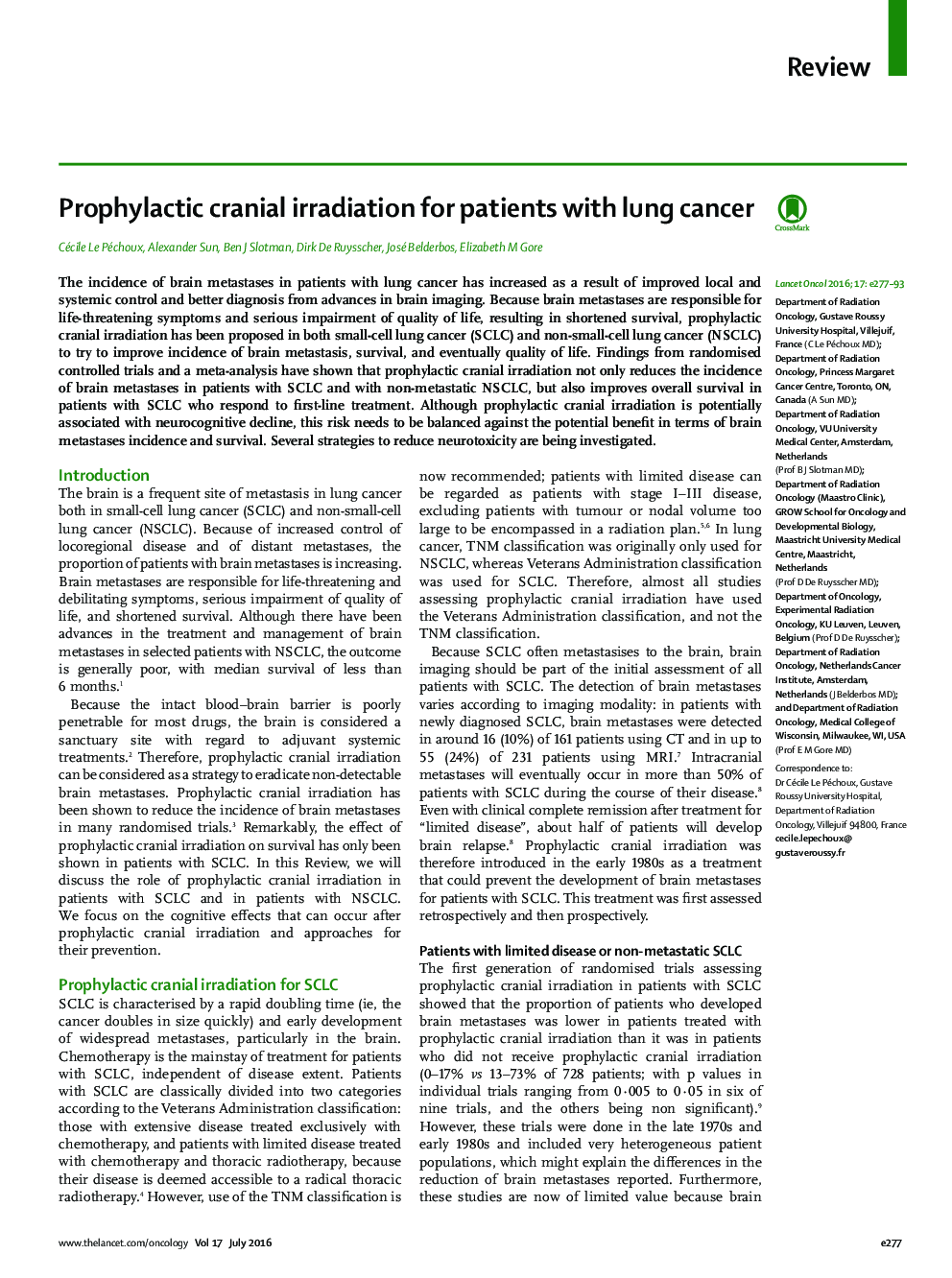 Prophylactic cranial irradiation for patients with lung cancer