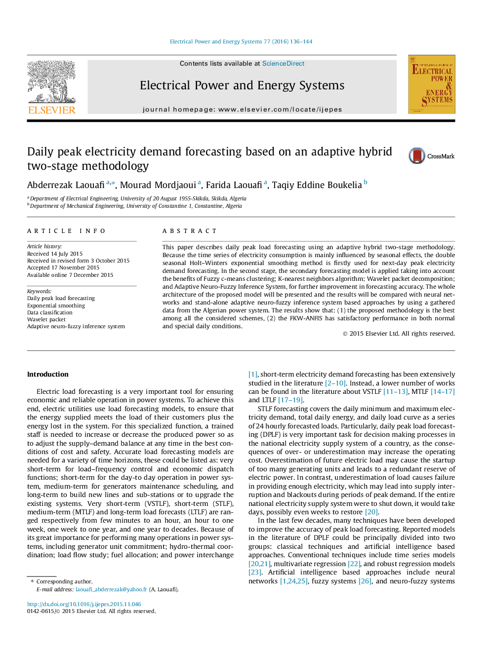 Daily peak electricity demand forecasting based on an adaptive hybrid two-stage methodology