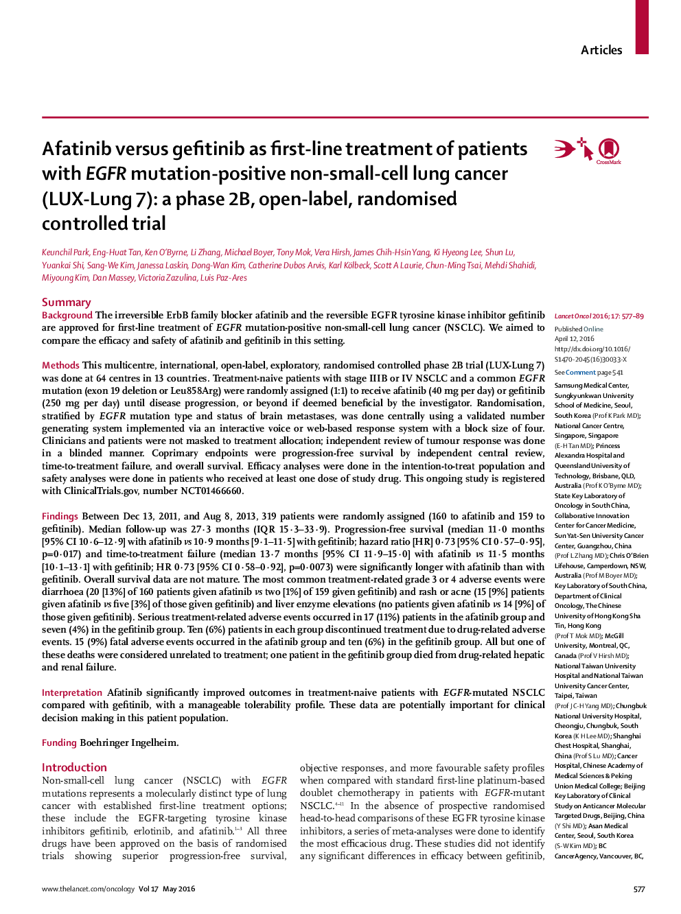 Afatinib versus gefitinib as first-line treatment of patients with EGFR mutation-positive non-small-cell lung cancer (LUX-Lung 7): a phase 2B, open-label, randomised controlled trial