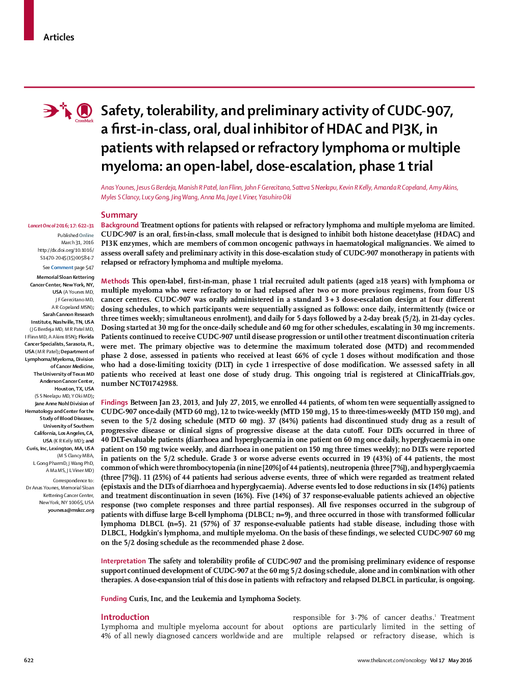 Safety, tolerability, and preliminary activity of CUDC-907, a first-in-class, oral, dual inhibitor of HDAC and PI3K, in patients with relapsed or refractory lymphoma or multiple myeloma: an open-label, dose-escalation, phase 1 trial