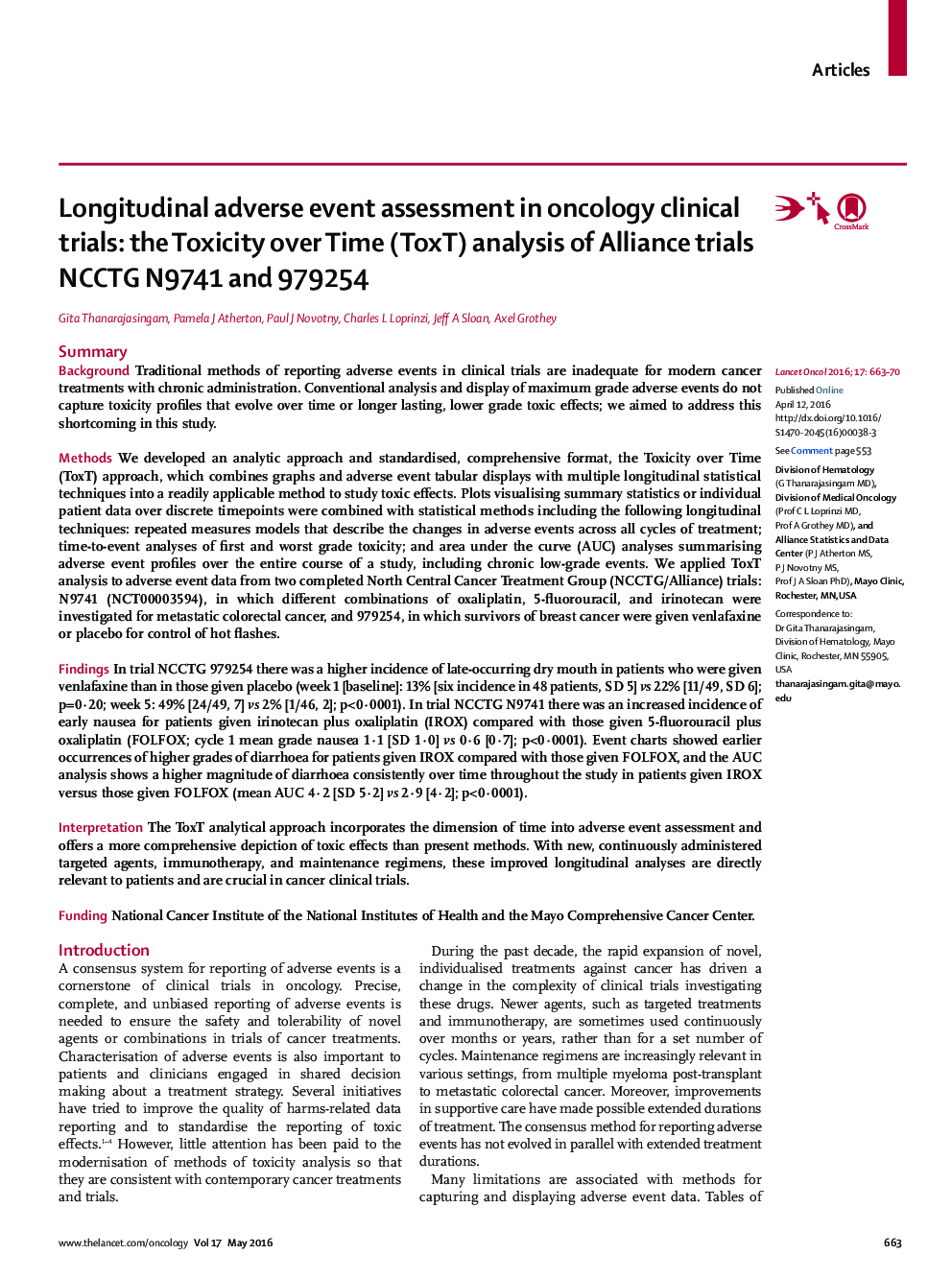 Longitudinal adverse event assessment in oncology clinical trials: the Toxicity over Time (ToxT) analysis of Alliance trials NCCTG N9741 and 979254