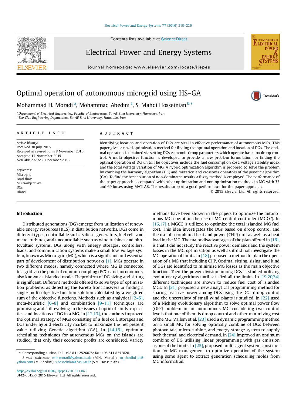 Optimal operation of autonomous microgrid using HS–GA