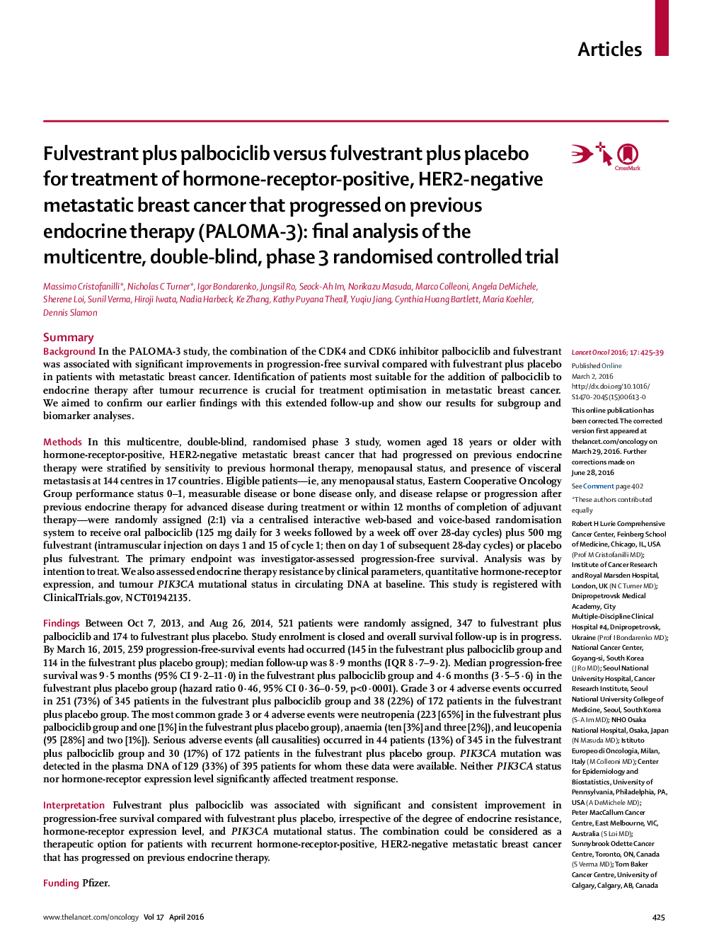 Fulvestrant plus palbociclib versus fulvestrant plus placebo for treatment of hormone-receptor-positive, HER2-negative metastatic breast cancer that progressed on previous endocrine therapy (PALOMA-3): final analysis of the multicentre, double-blind, phas