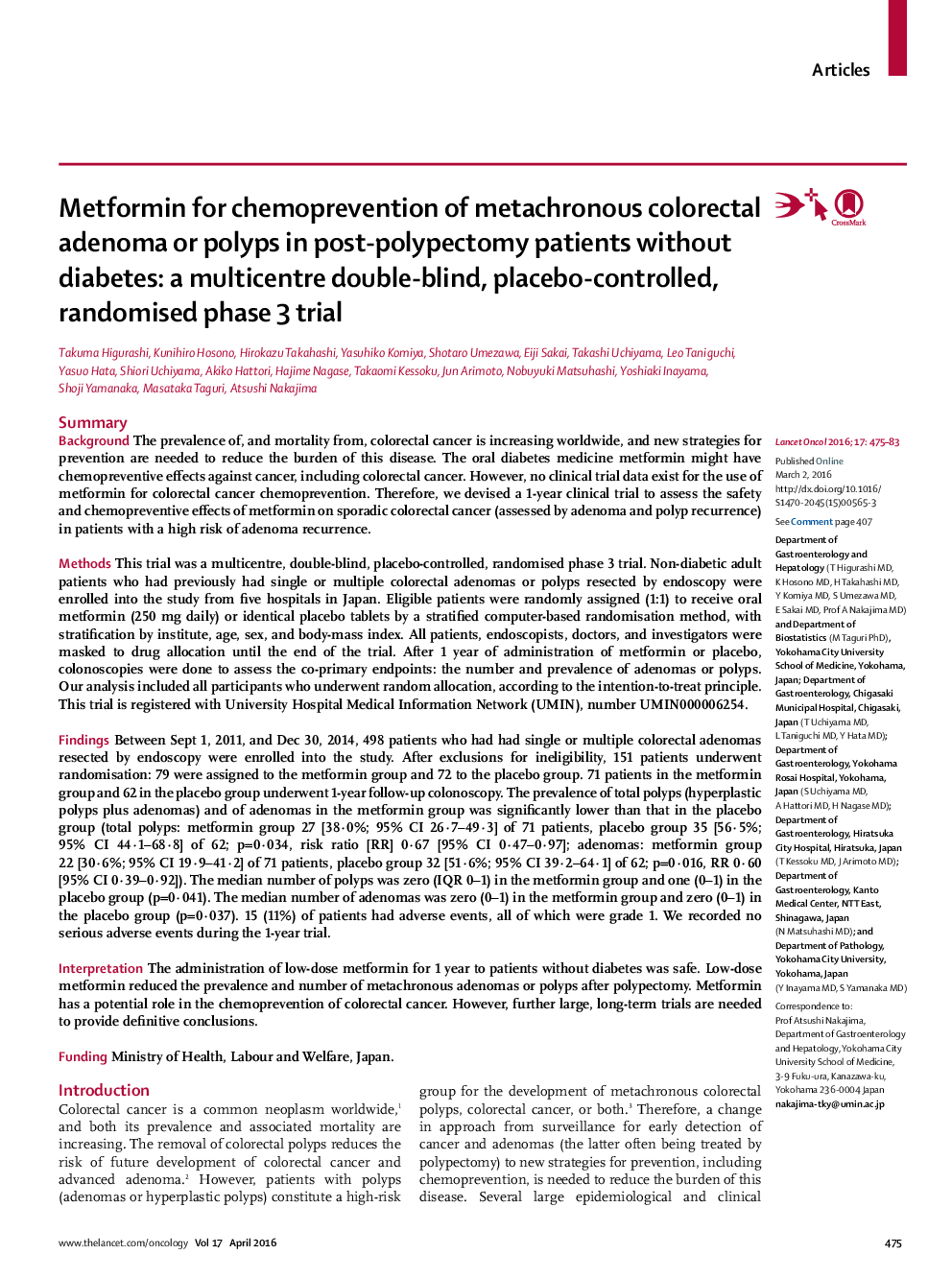 Metformin for chemoprevention of metachronous colorectal adenoma or polyps in post-polypectomy patients without diabetes: a multicentre double-blind, placebo-controlled, randomised phase 3 trial