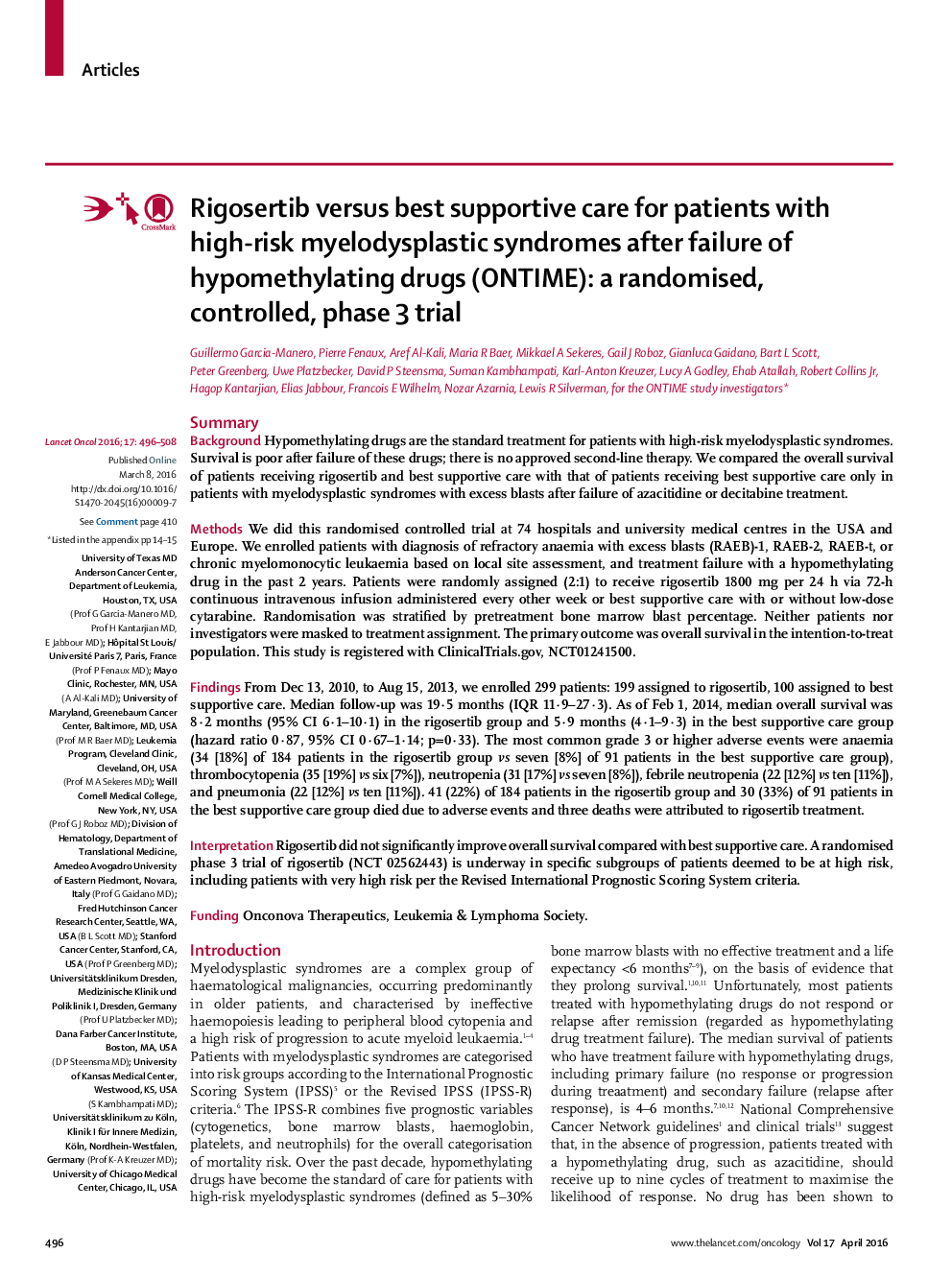 Rigosertib versus best supportive care for patients with high-risk myelodysplastic syndromes after failure of hypomethylating drugs (ONTIME): a randomised, controlled, phase 3 trial