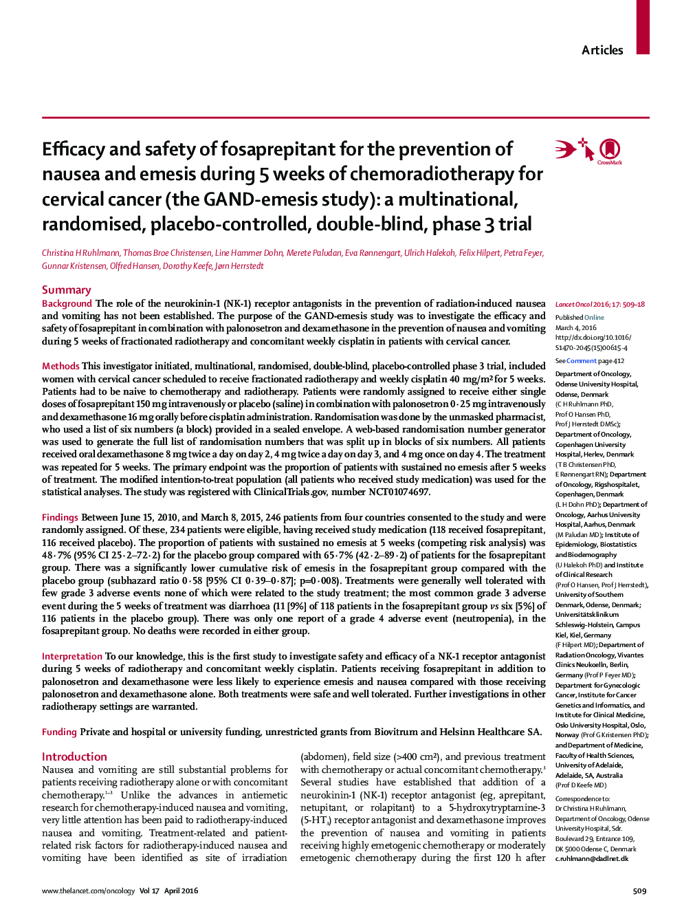 Efficacy and safety of fosaprepitant for the prevention of nausea and emesis during 5 weeks of chemoradiotherapy for cervical cancer (the GAND-emesis study): a multinational, randomised, placebo-controlled, double-blind, phase 3 trial