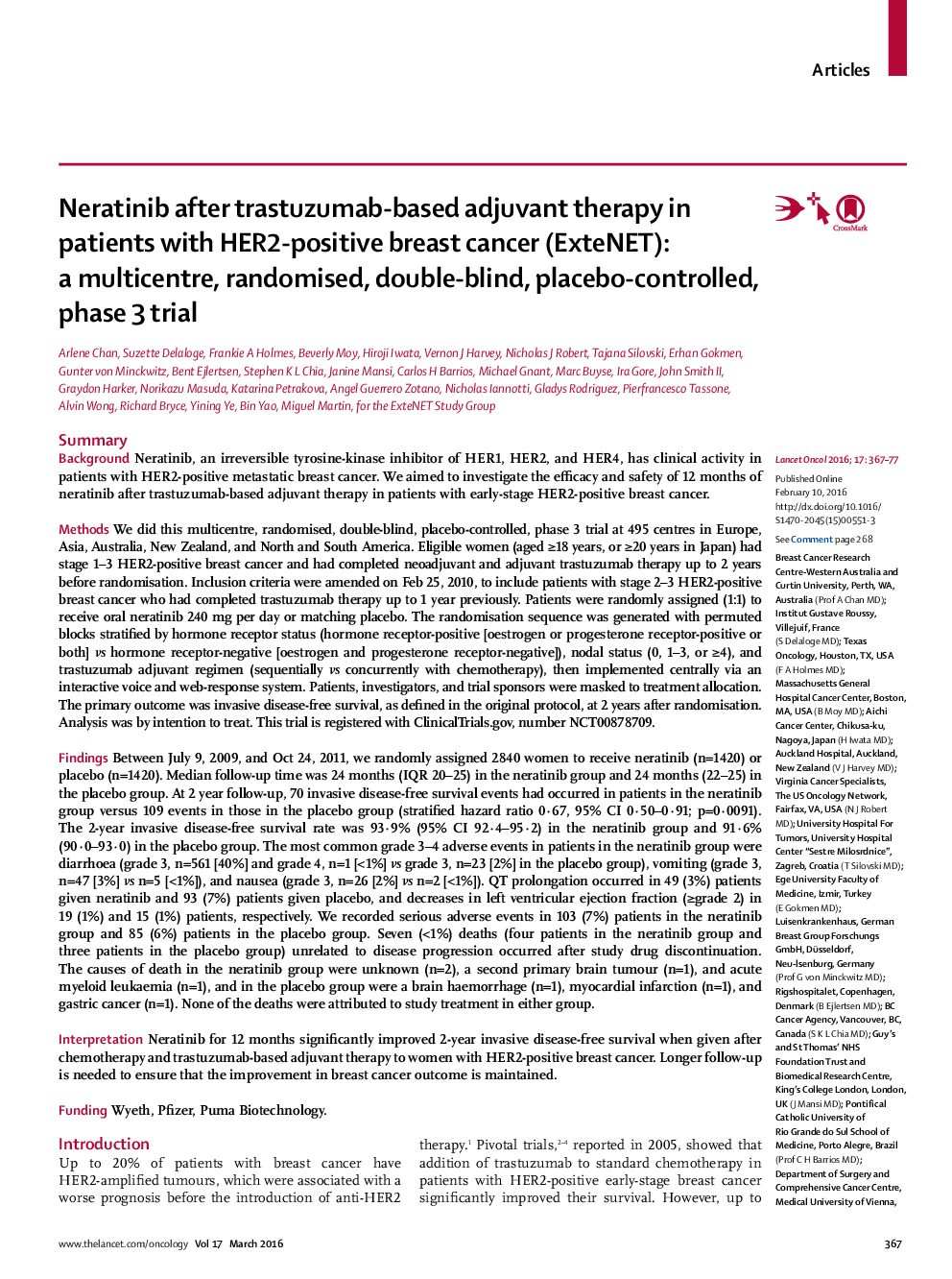 Neratinib after trastuzumab-based adjuvant therapy in patients with HER2-positive breast cancer (ExteNET): a multicentre, randomised, double-blind, placebo-controlled, phase 3 trial