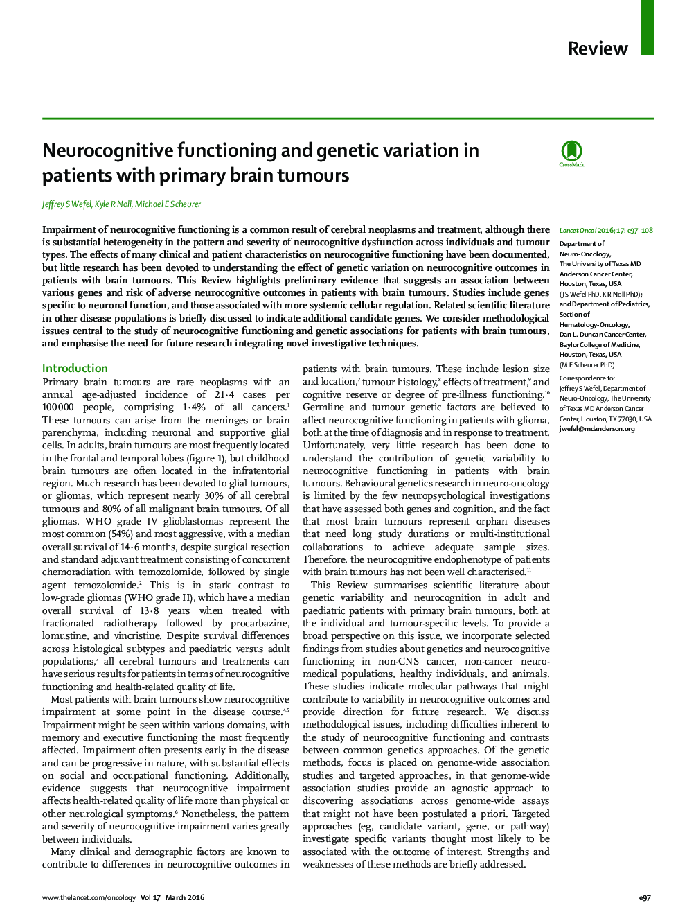 Neurocognitive functioning and genetic variation in patients with primary brain tumours