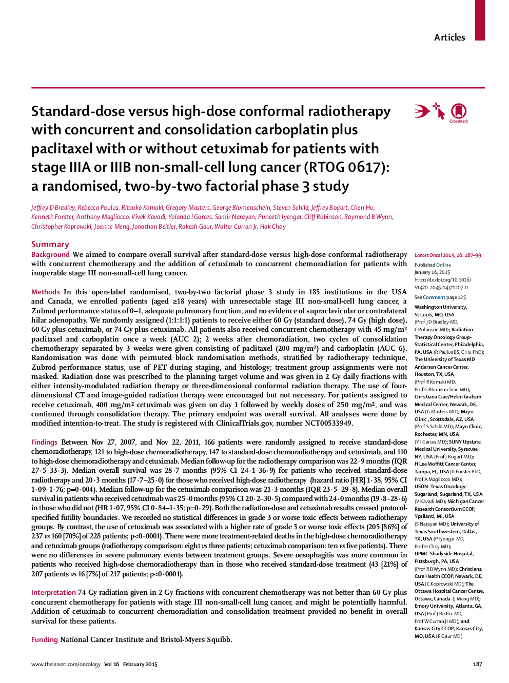 Standard-dose versus high-dose conformal radiotherapy with concurrent and consolidation carboplatin plus paclitaxel with or without cetuximab for patients with stage IIIA or IIIB non-small-cell lung cancer (RTOG 0617): a randomised, two-by-two factorial p