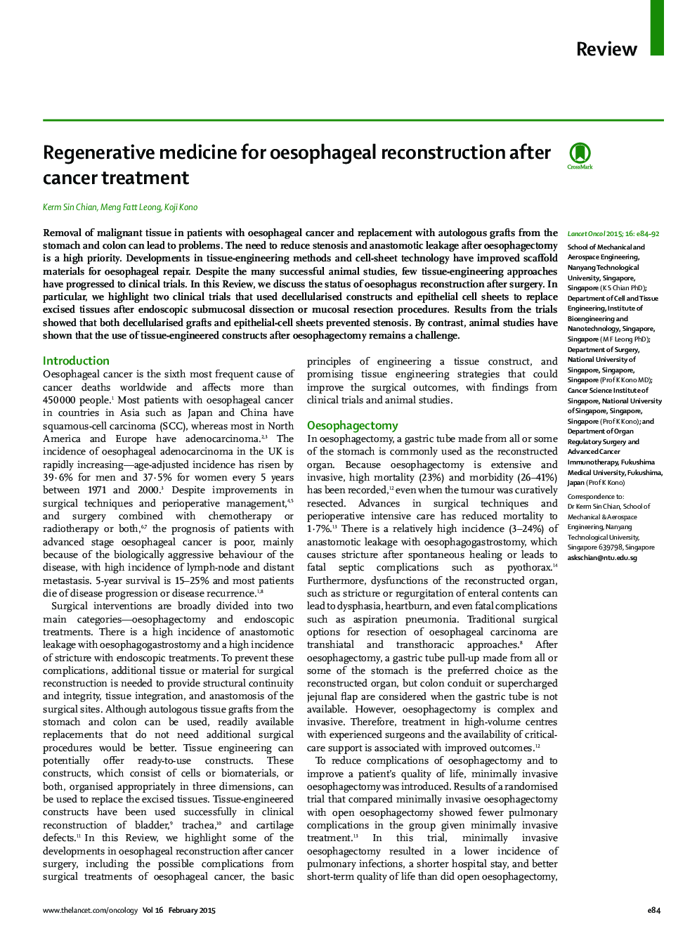 Regenerative medicine for oesophageal reconstruction after cancer treatment