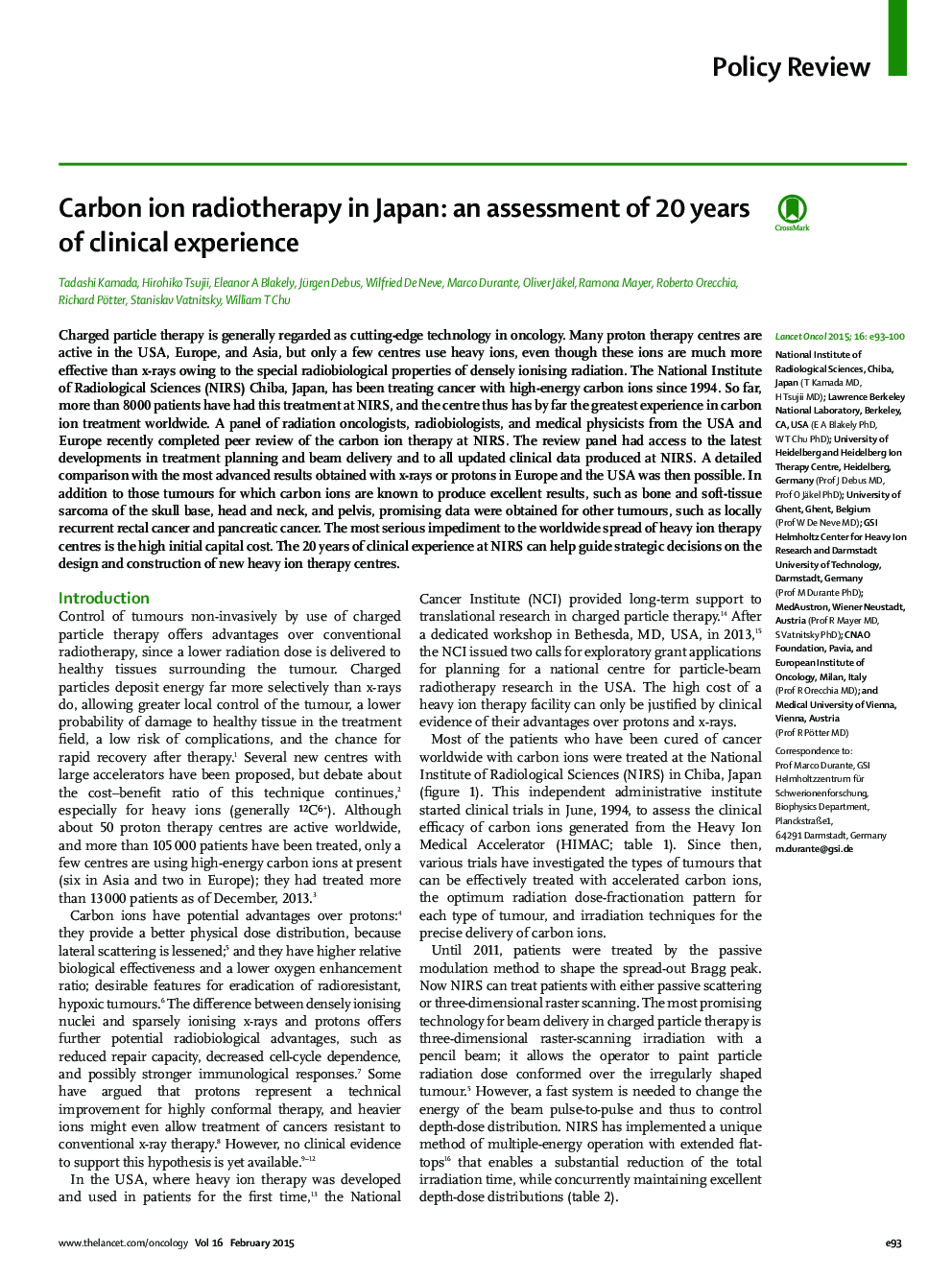 Carbon ion radiotherapy in Japan: an assessment of 20 years of clinical experience