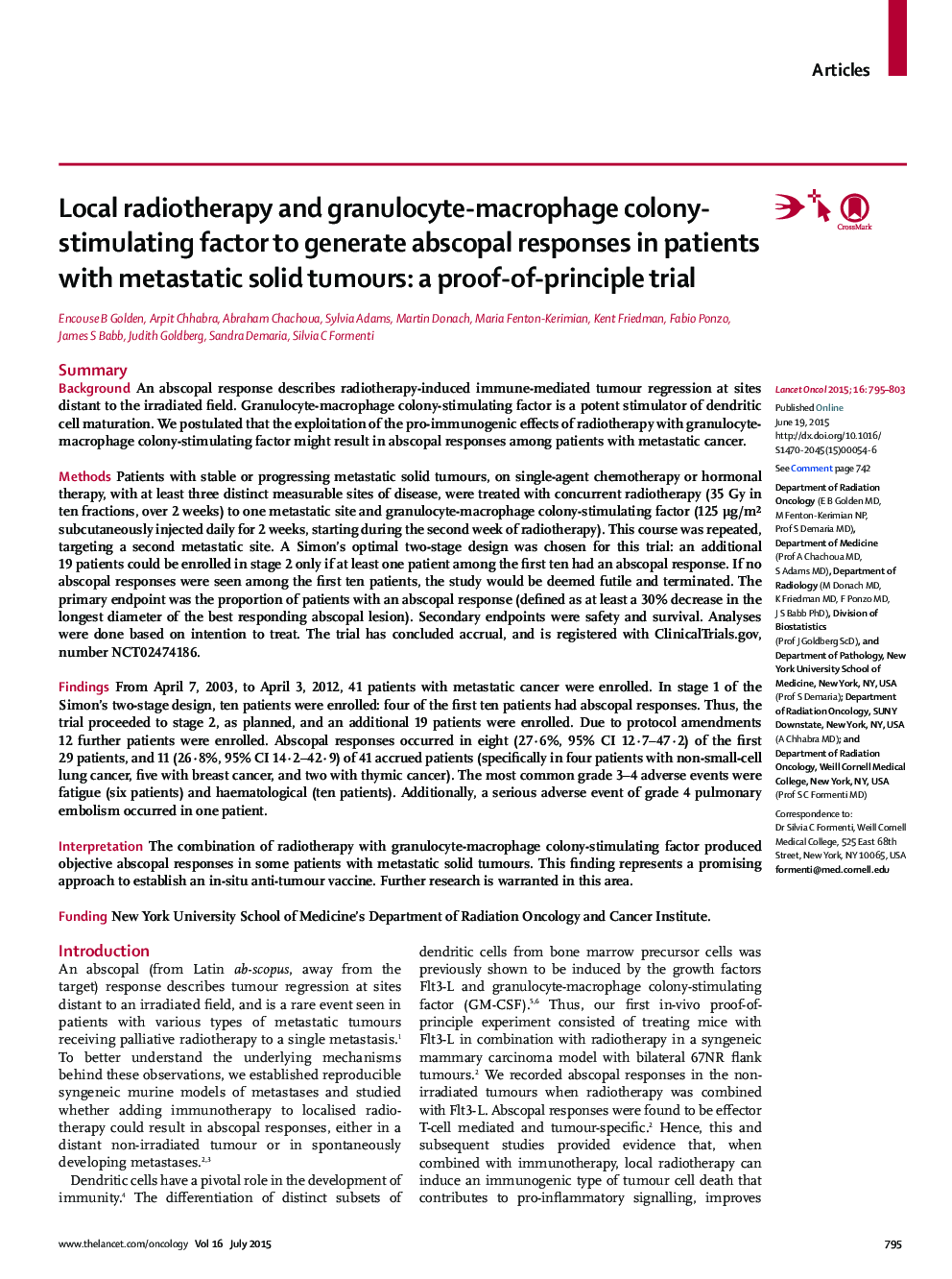 Local radiotherapy and granulocyte-macrophage colony-stimulating factor to generate abscopal responses in patients with metastatic solid tumours: a proof-of-principle trial