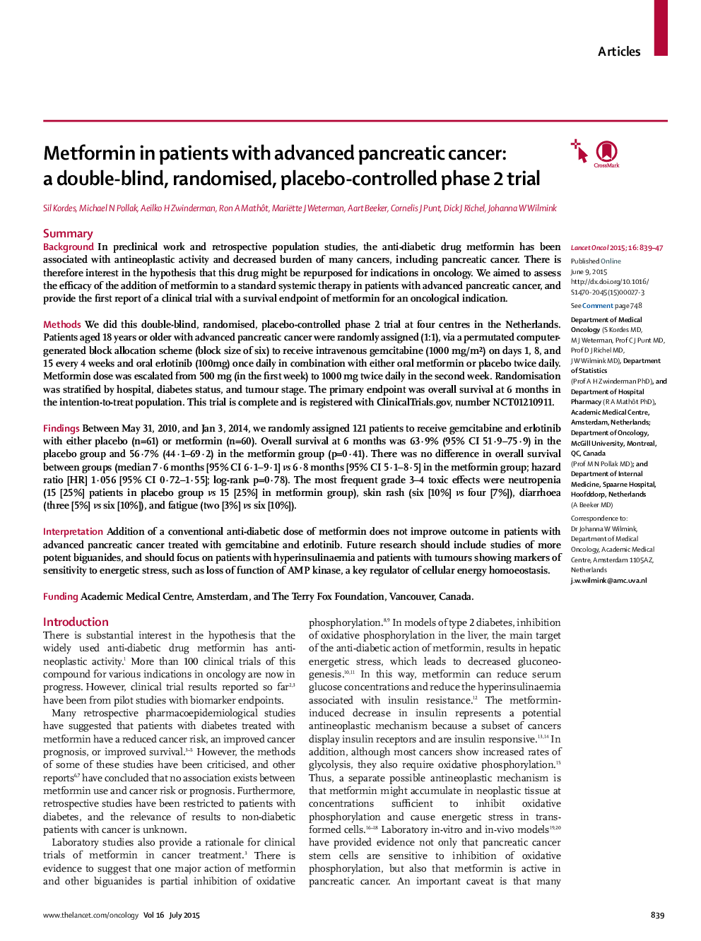 Metformin in patients with advanced pancreatic cancer: a double-blind, randomised, placebo-controlled phase 2 trial