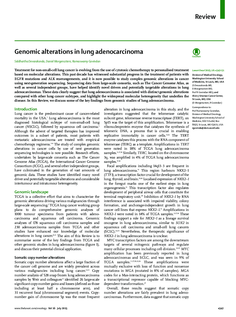 Genomic alterations in lung adenocarcinoma