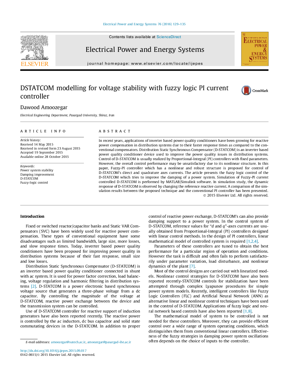 DSTATCOM modelling for voltage stability with fuzzy logic PI current controller