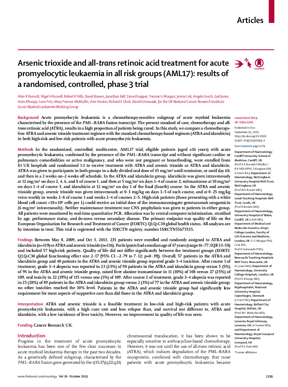 Arsenic trioxide and all-trans retinoic acid treatment for acute promyelocytic leukaemia in all risk groups (AML17): results of a randomised, controlled, phase 3 trial