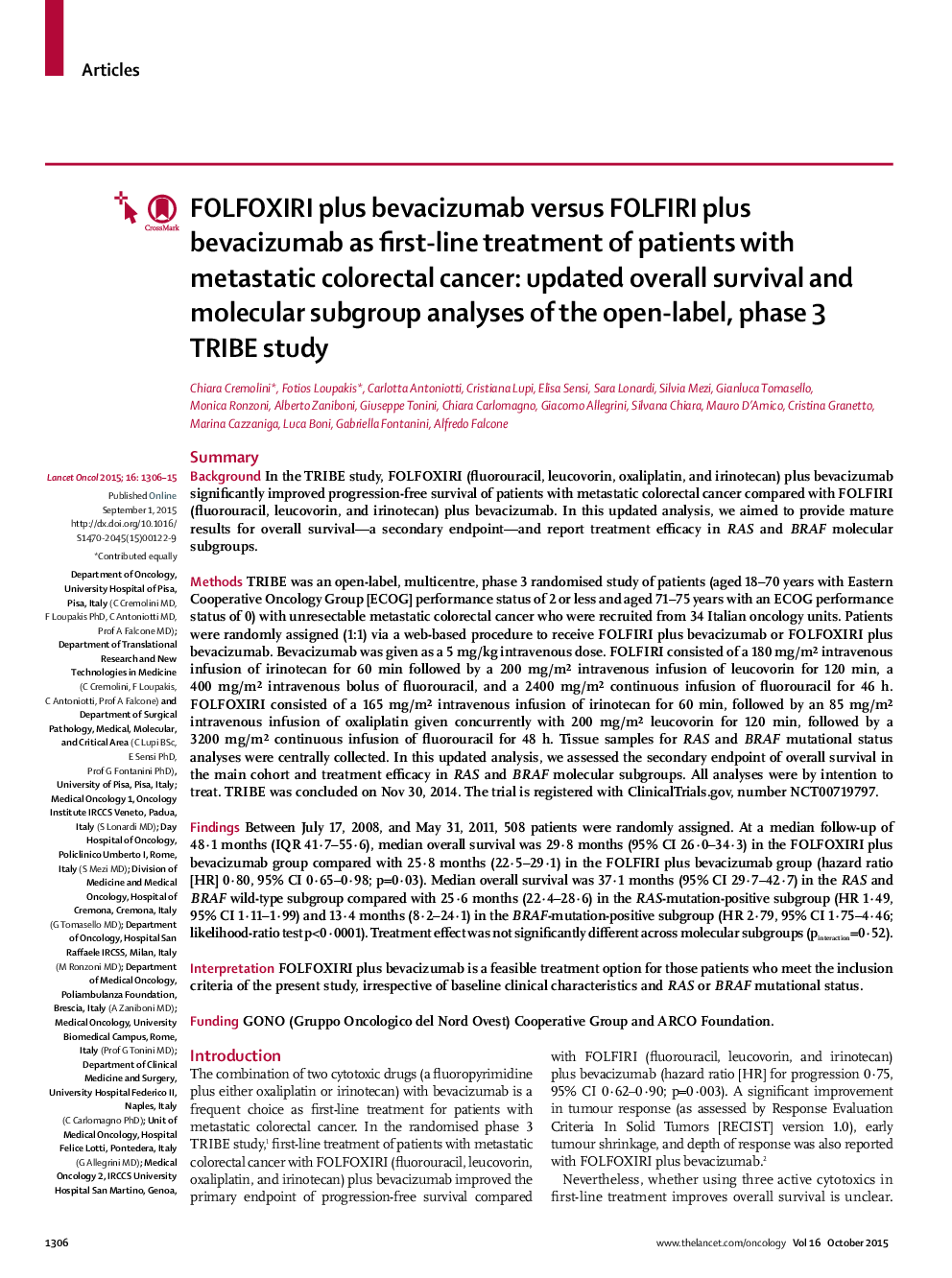 FOLFOXIRI plus bevacizumab versus FOLFIRI plus bevacizumab as first-line treatment of patients with metastatic colorectal cancer: updated overall survival and molecular subgroup analyses of the open-label, phase 3 TRIBE study