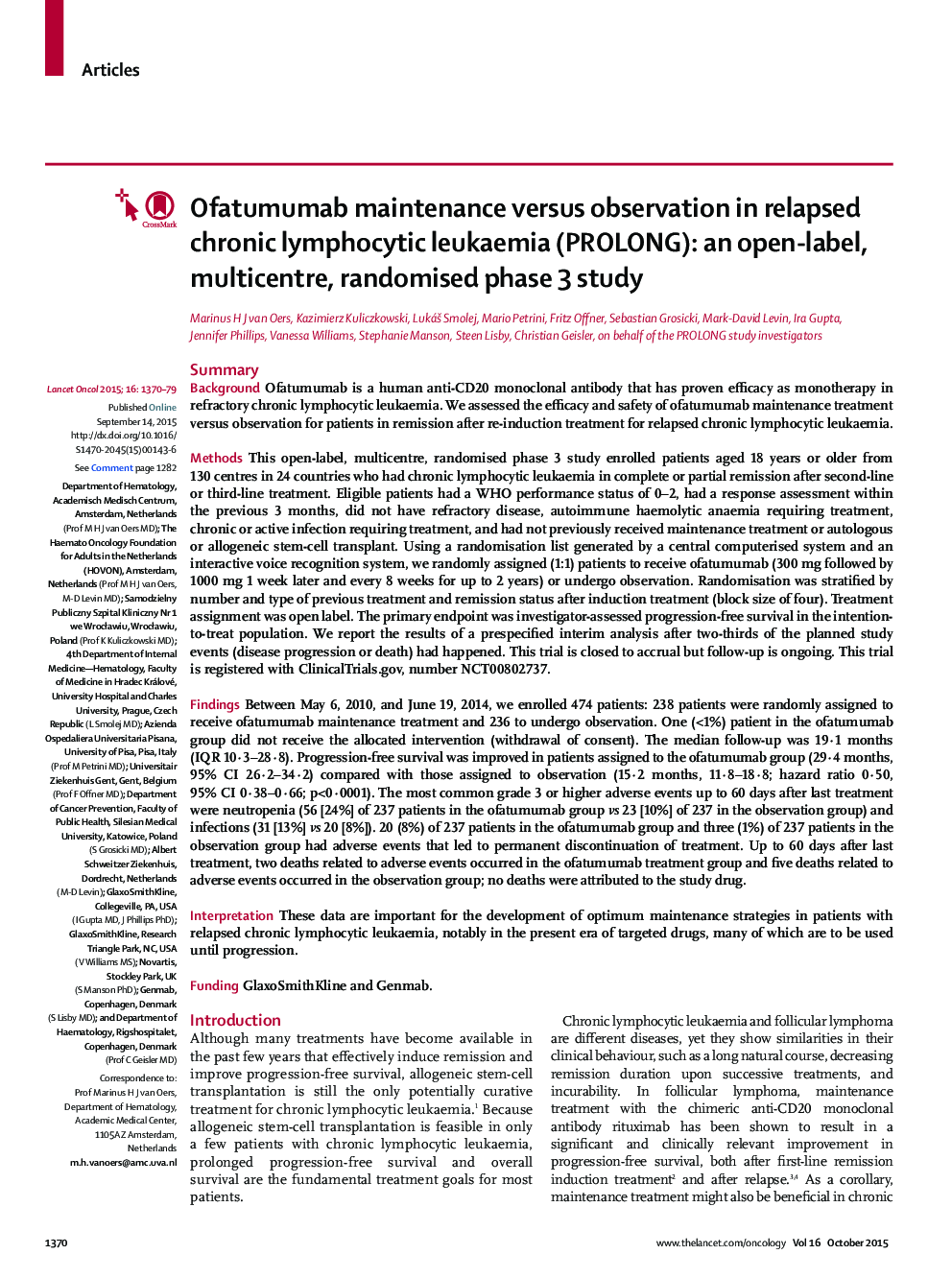 Ofatumumab maintenance versus observation in relapsed chronic lymphocytic leukaemia (PROLONG): an open-label, multicentre, randomised phase 3 study