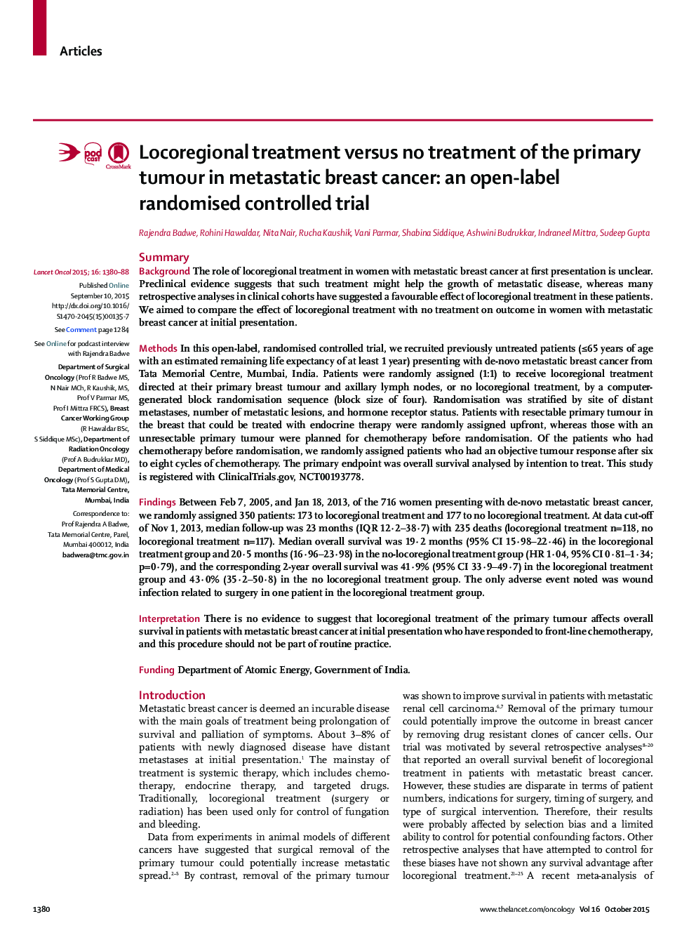 Locoregional treatment versus no treatment of the primary tumour in metastatic breast cancer: an open-label randomised controlled trial
