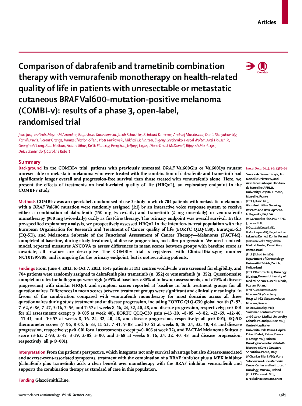 Comparison of dabrafenib and trametinib combination therapy with vemurafenib monotherapy on health-related quality of life in patients with unresectable or metastatic cutaneous BRAF Val600-mutation-positive melanoma (COMBI-v): results of a phase 3, open-l