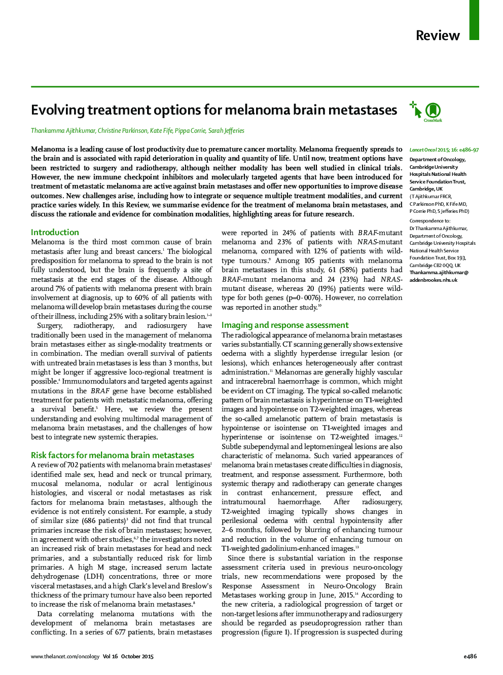 Evolving treatment options for melanoma brain metastases