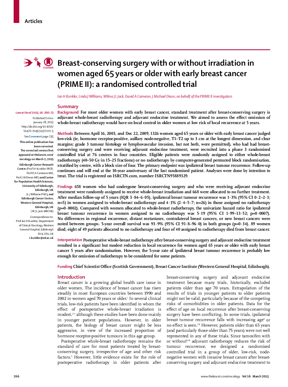 Breast-conserving surgery with or without irradiation in women aged 65 years or older with early breast cancer (PRIME II): a randomised controlled trial